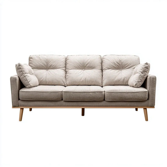 Sofa 3-osobowa beżowa z tapicerką poliestrową i drewnianymi nogami, 220 x 90 x 88 cm