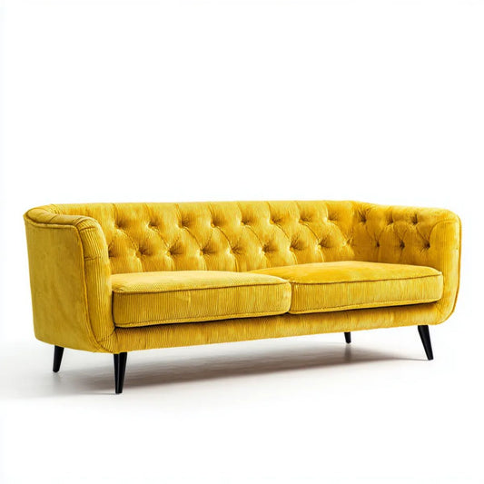 Dwuosobowa sofa Chesterfield ze sztruksu, musztardowa, 170 x 84 x 76 cm