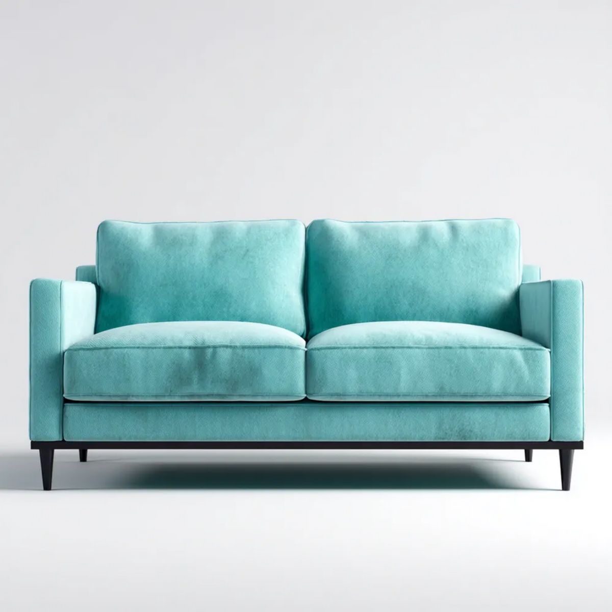 Turkusowa sofa dwuosobowa z tapicerką poliestrową i czarnymi metalowymi nóżkami, 160 × 85 × 85 cm